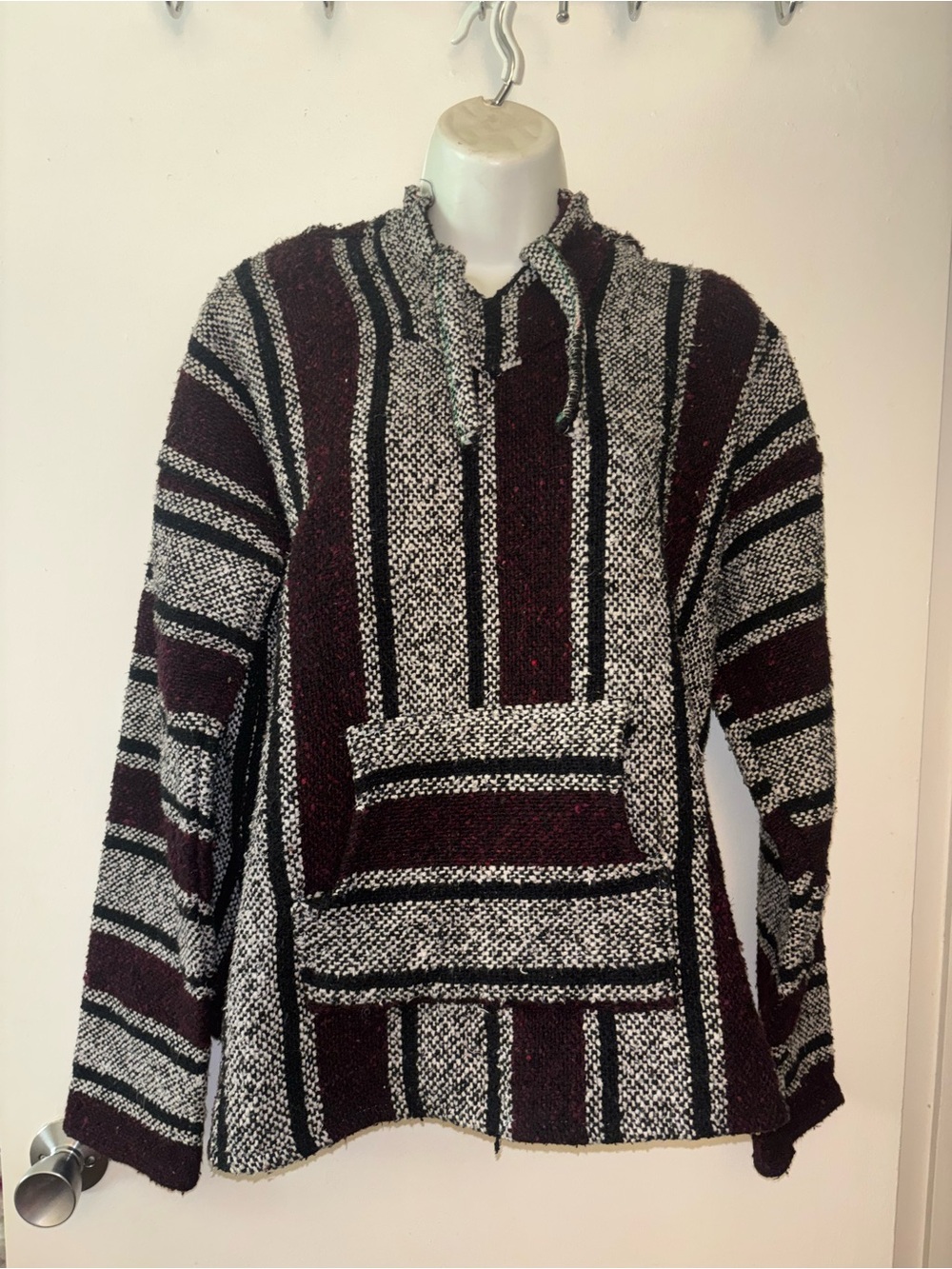 Women's Maroon & Gray Striped Crew Sweater knit woven hoodie Warm